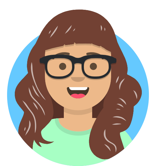 A cartoon illustration of a woman wearing glasses and smiling