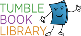 The logo for the tumble book library has a blue book with arms and legs