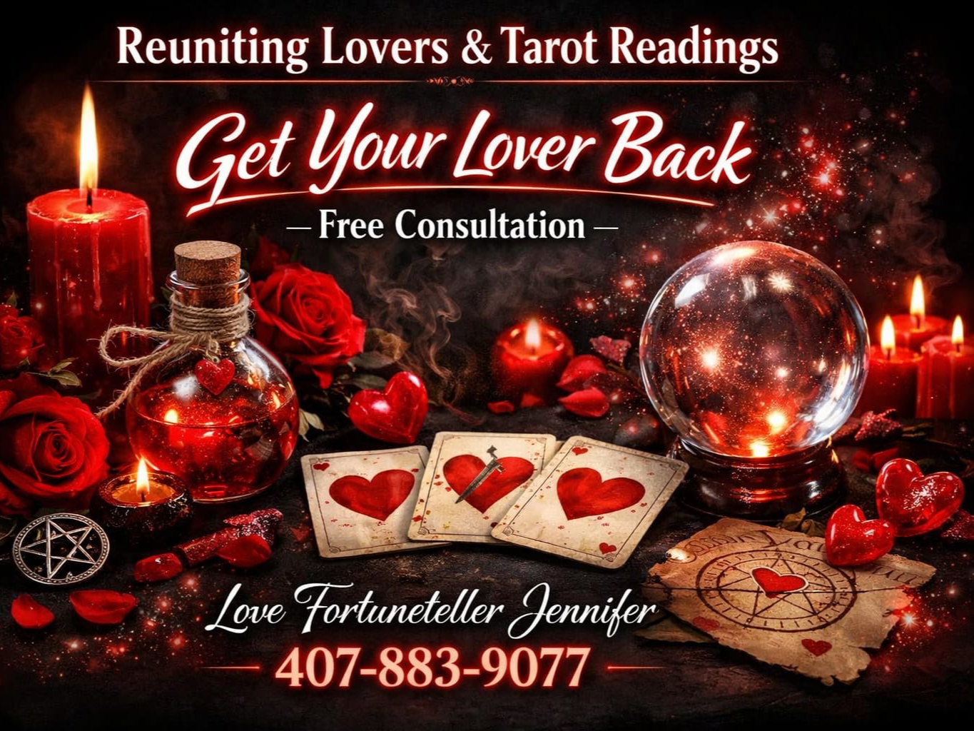 A mystical advertisement for tarot readings and reuniting lovers, featuring candles, crystals, and cards on a dark table.