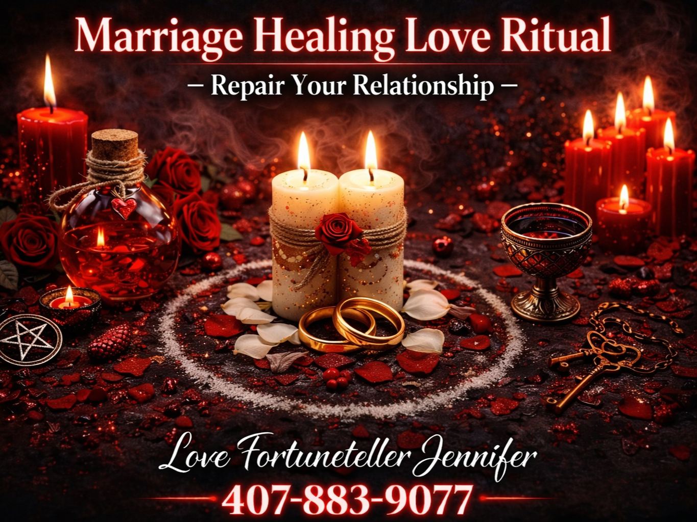 Ad for a marriage healing ritual featuring candles, wedding rings, and rose petals, with contact info for Jennifer.