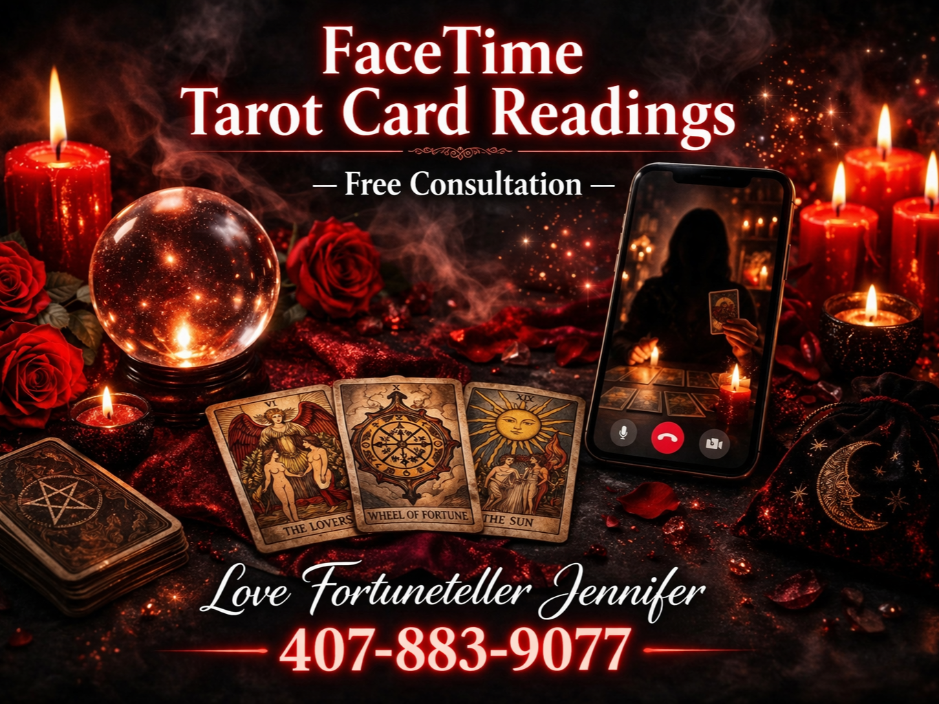 A mystical scene features Tarot cards, a crystal ball, and candles, with a phone screen displaying a reading, and a number.