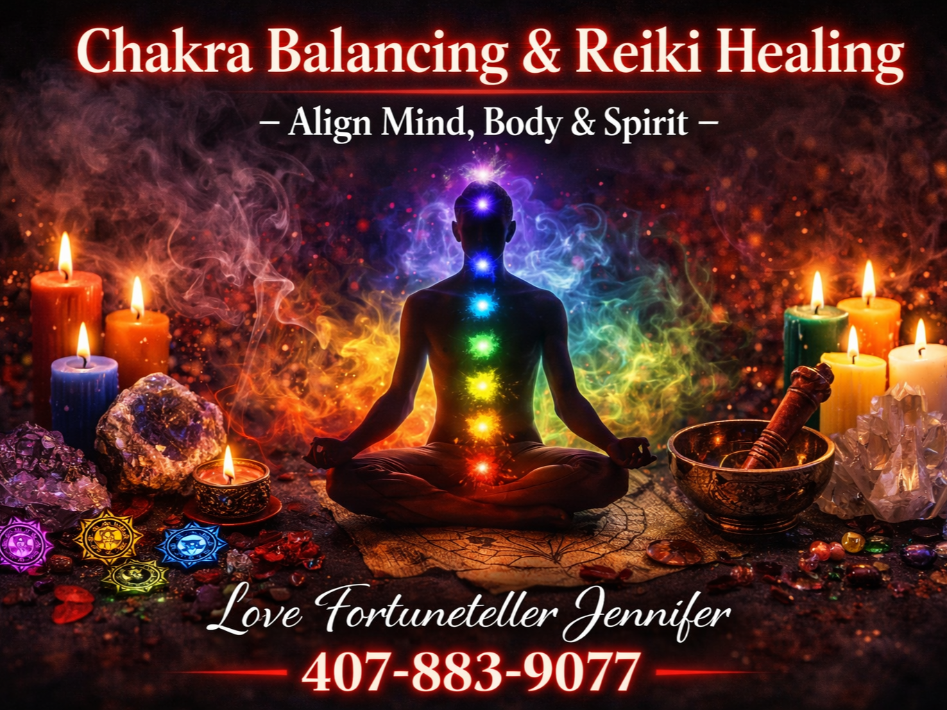 Meditation scene with colorful chakra points, candles, crystals, and text: Chakra Balancing & Reiki Healing. Call 407-883-9077.