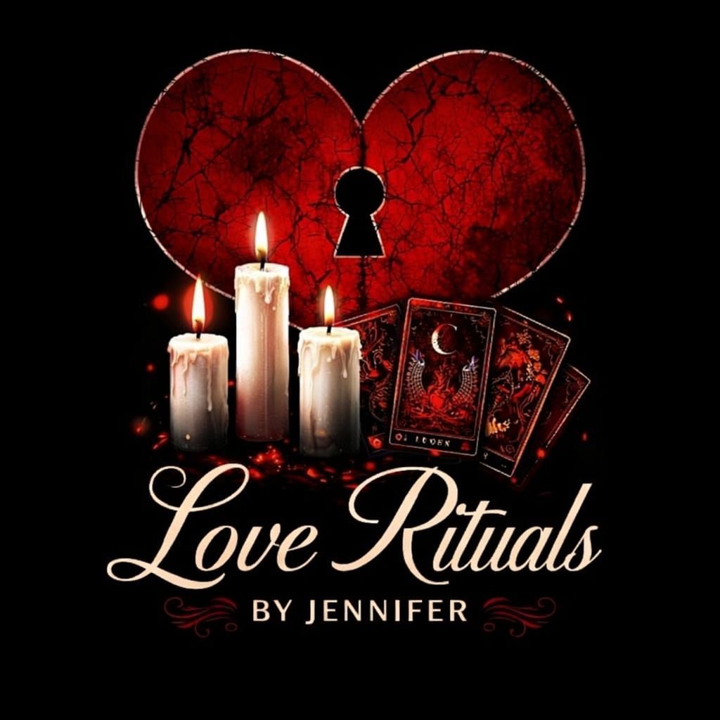 Three lit candles and tarot cards in front of a red heart with a keyhole, with the text 
