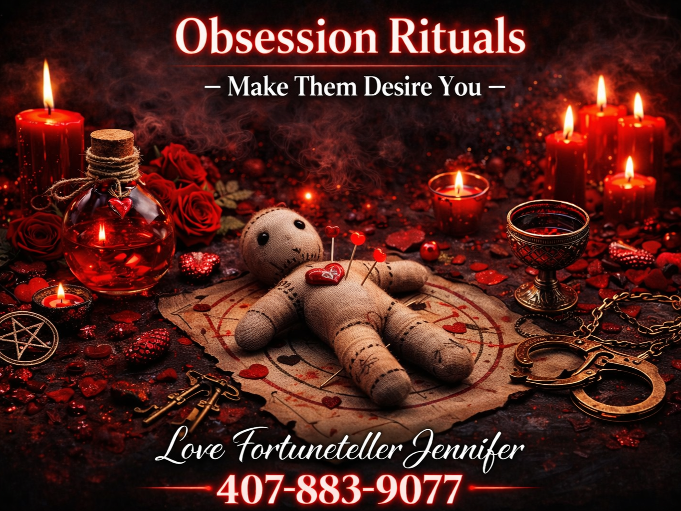 A burlap voodoo doll sits on a ritual cloth surrounded by red candles, roses, and a potion bottle with contact info below.