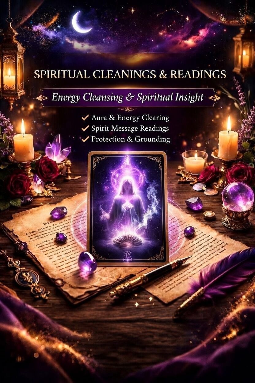 Spiritual cleanings and readings ad with purple crystals, candles, and a glowing tarot card on an open book