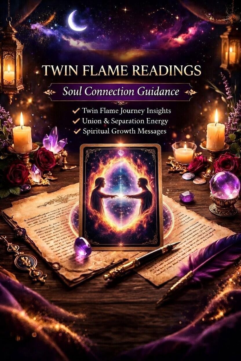 Twin flame readings spiritual promo with glowing candles, purple crystals, moonlit mystical altar, and book cover