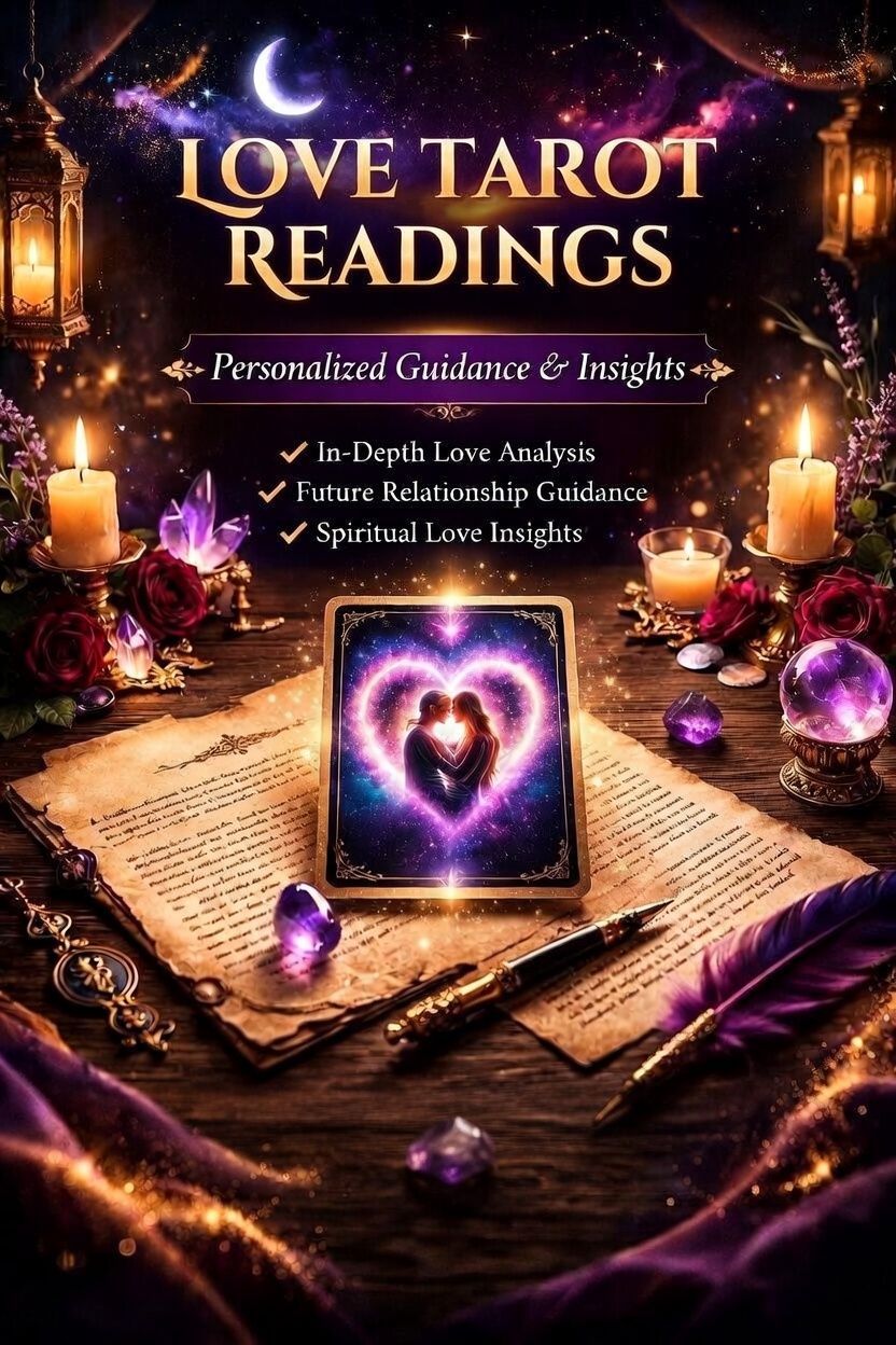 Love tarot readings poster with glowing cards, candles, crystals, and a heart-shaped aura on a mystical table