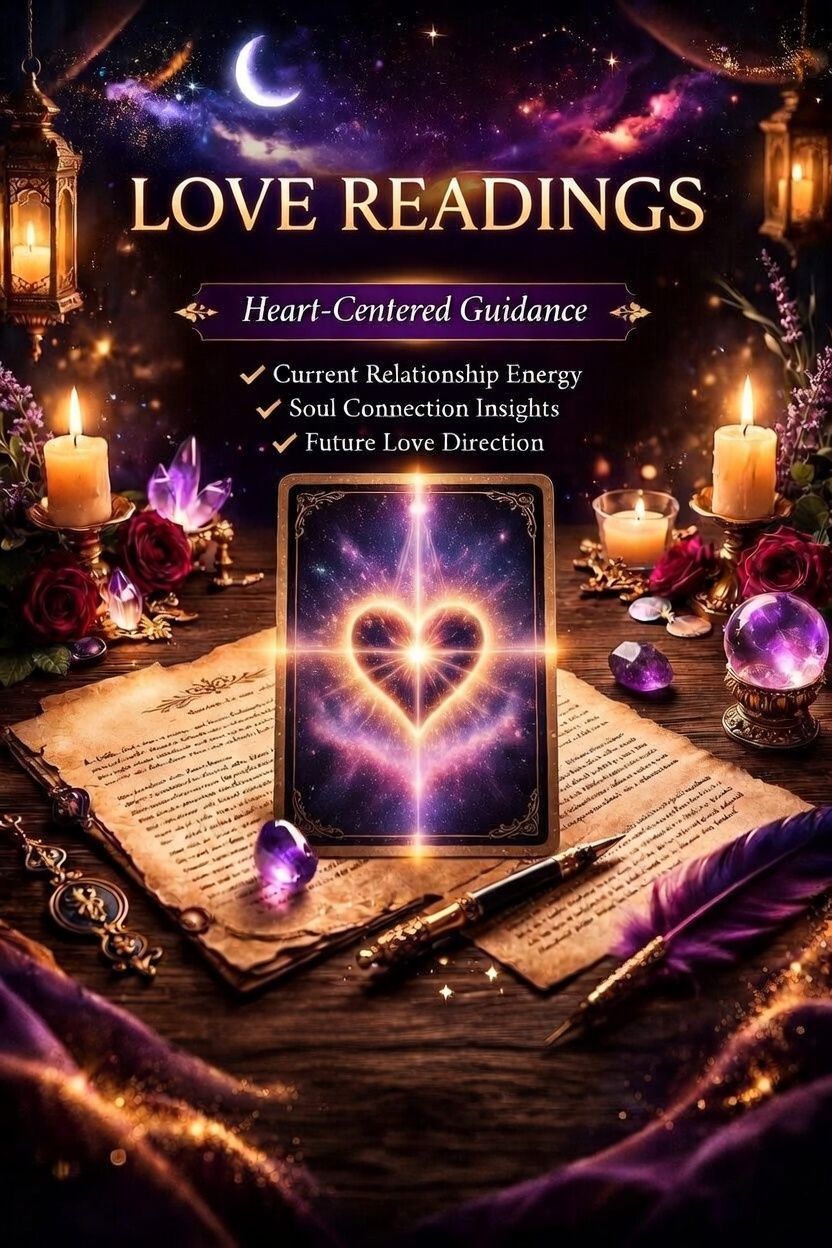 Glowing tarot-style love reading poster with crystal ball, candles, pink hearts, and magical purple lights