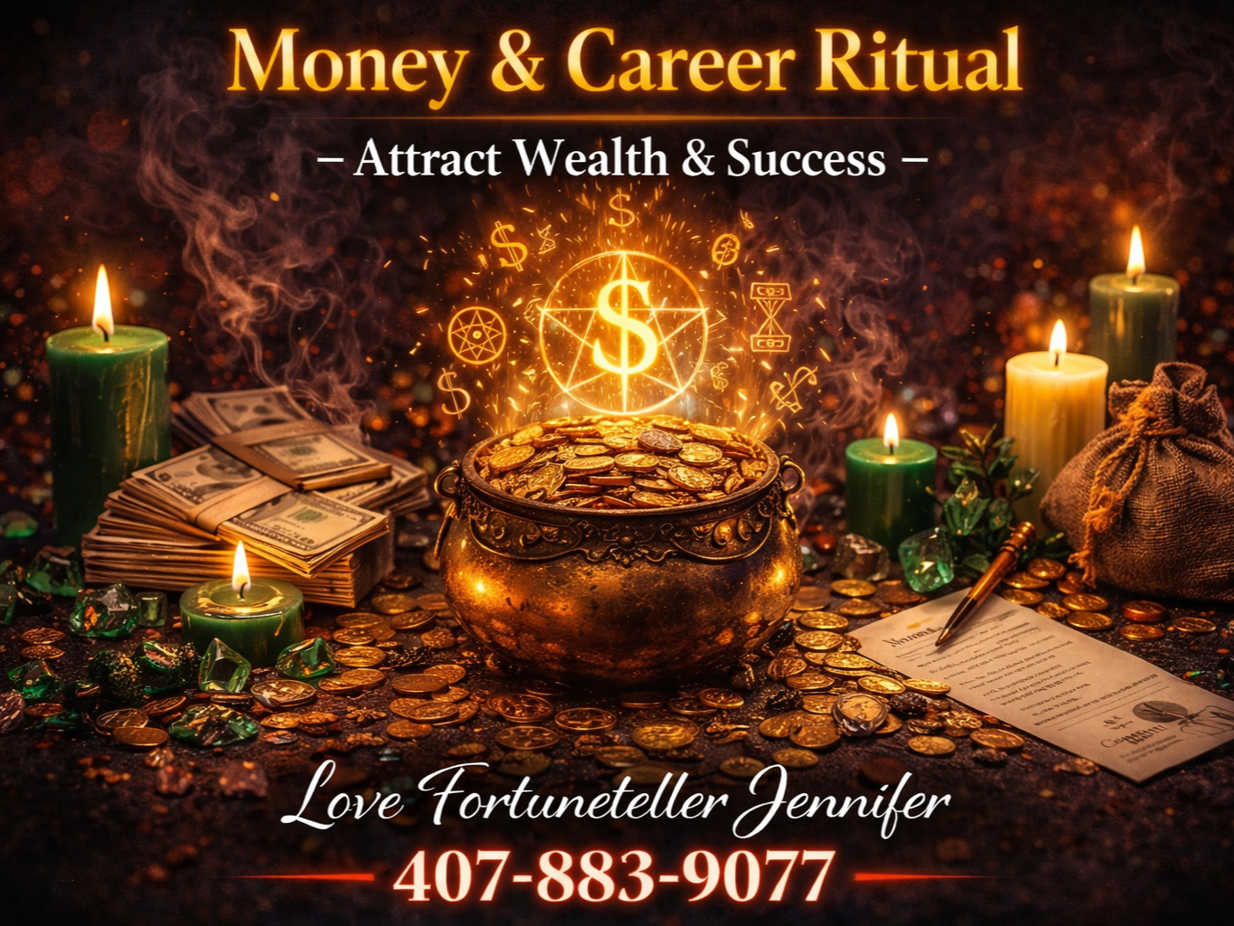 Promotional flyer for a money and career ritual featuring green candles, gold coins, and a cauldron, with contact info.