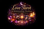 Love Tarot & Relationship Healing text with glowing purple candles, tarot cards, and sparkles on a black background