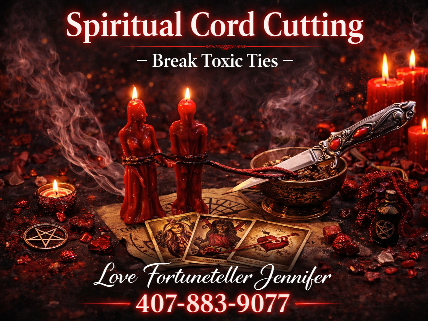 Red candles and a ritual knife for spiritual cord cutting by Love Fortuneteller Jennifer at 407-883-9077.