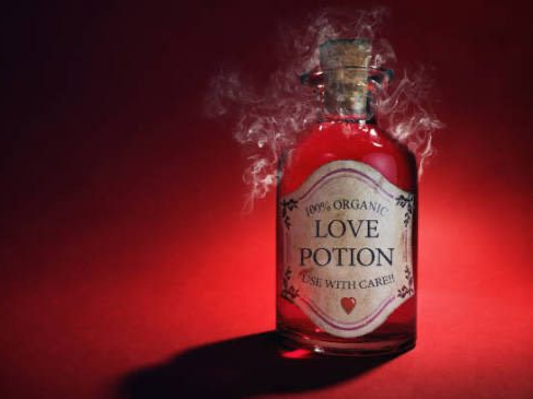 A glass bottle of red love potion, filled with steaming liquid and labeled 