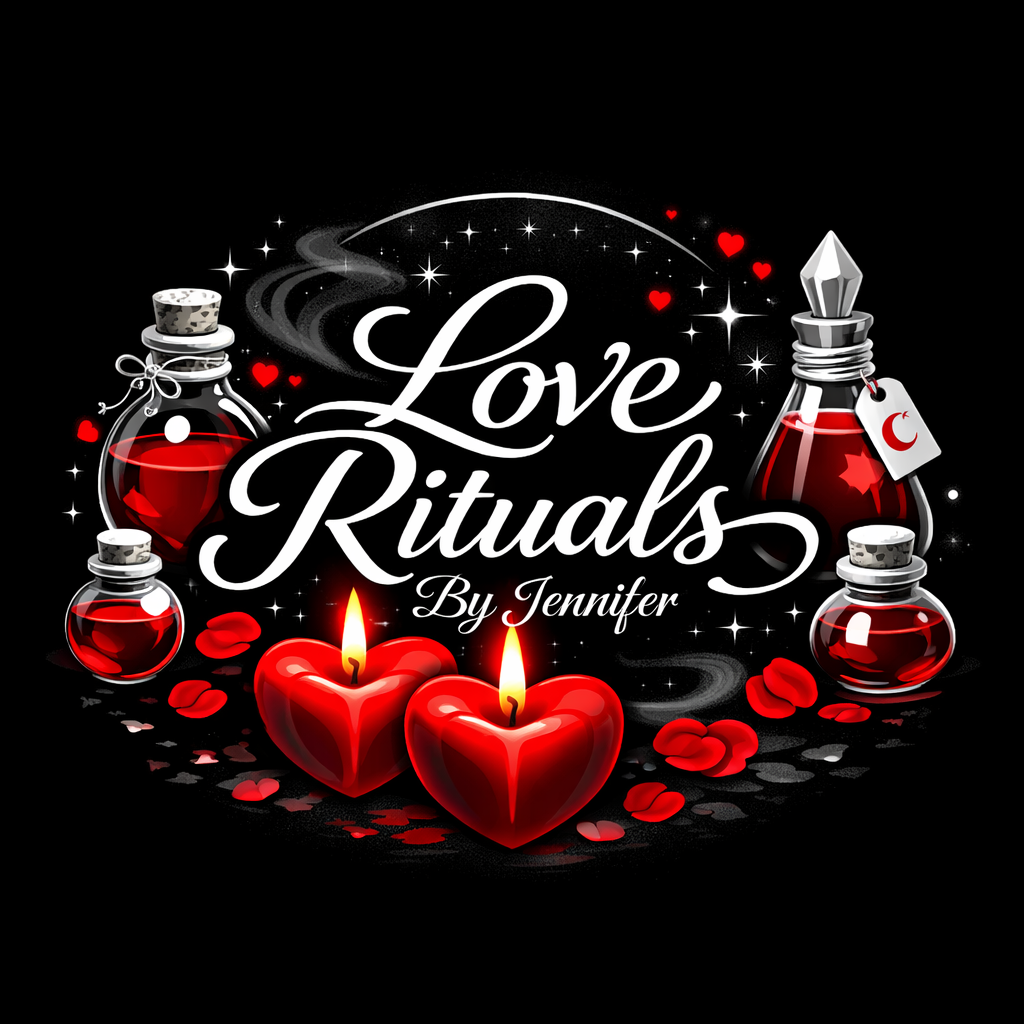 A logo for Love Rituals by Jennifer featuring red heart-shaped candles and potion bottles against a black background.