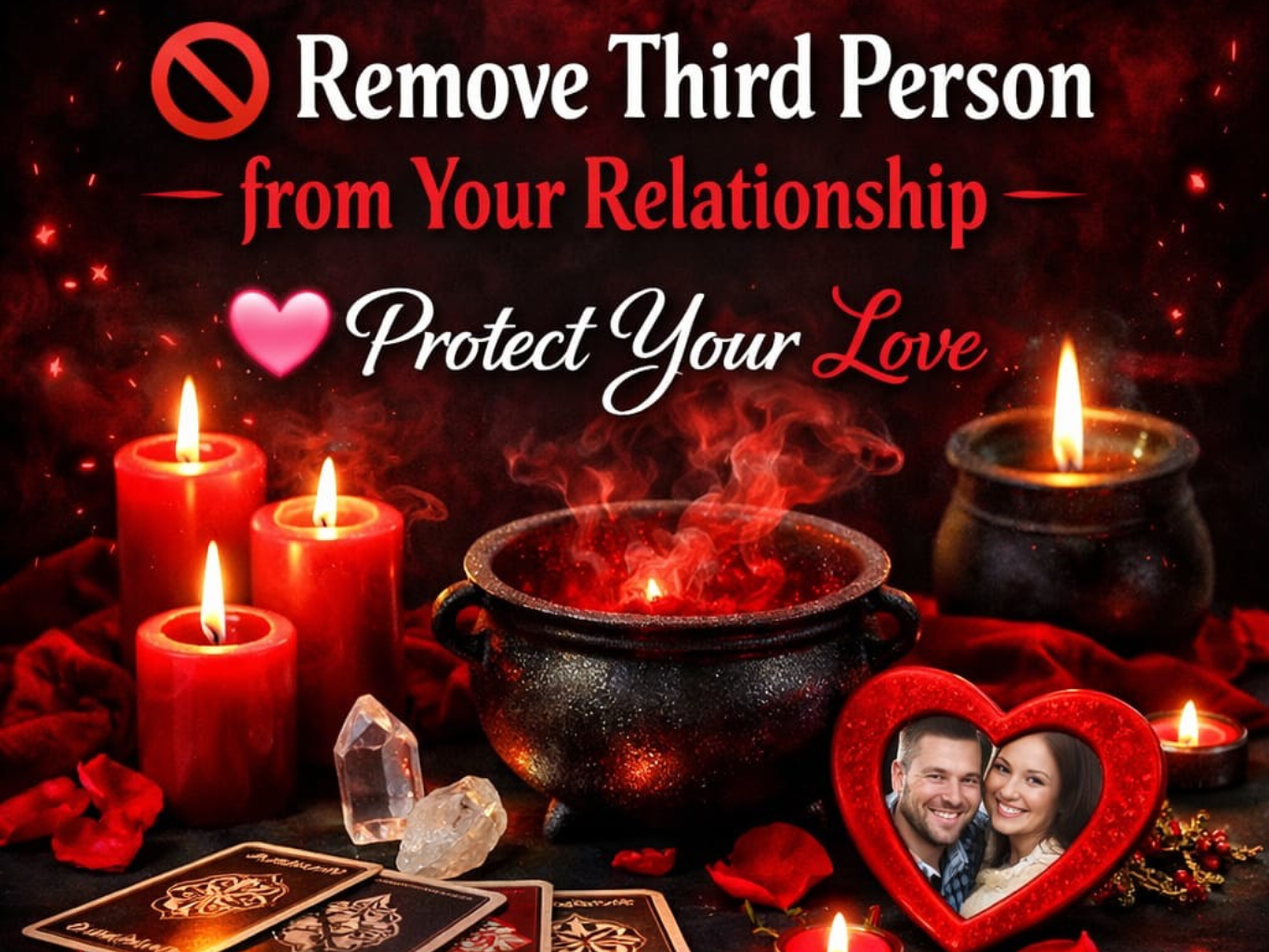 Red candles, a cauldron, crystals, and tarot cards surround a heart-shaped photo frame. Text reads 
