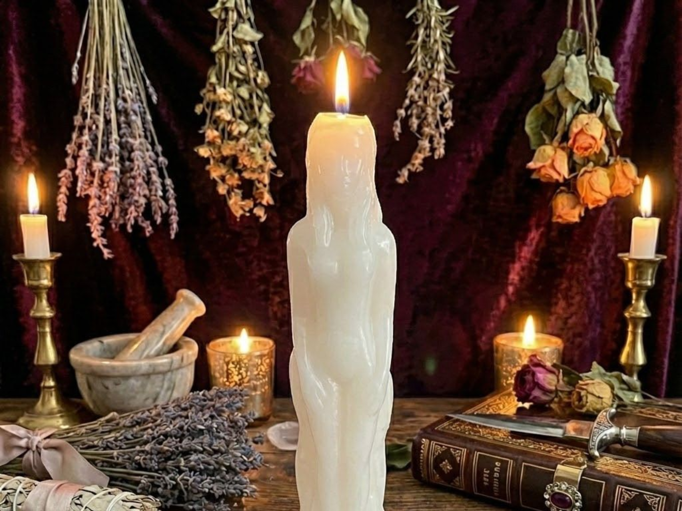 A white figure-shaped candle burns on a table with dried flowers, a mortar and pestle, candles, and an old book.