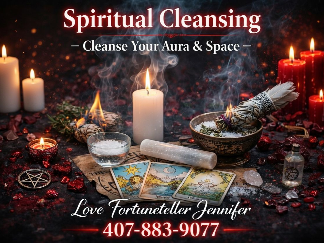 Spiritual cleansing advertisement featuring candles, burning sage, tarot cards, and contact info for Jennifer at 407-883-9077.