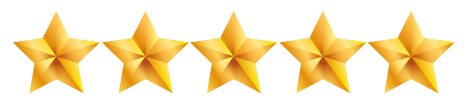 Five gold, five-pointed stars aligned in a horizontal row, representing a five-star rating.