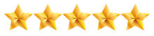 Five gold, five-pointed stars aligned in a horizontal row, representing a five-star rating.