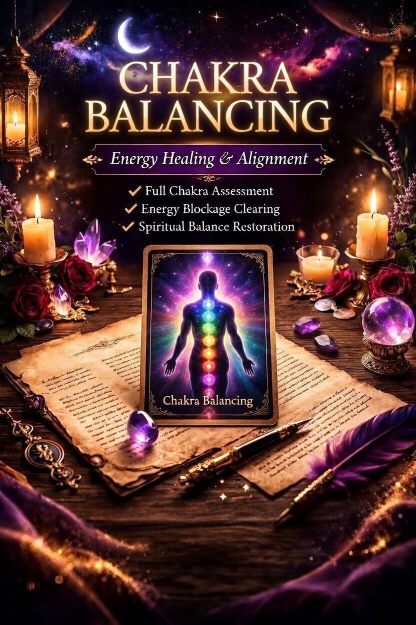 Chakra balancing poster with glowing rainbow figure, crystals, candles, and mystical purple-orange background