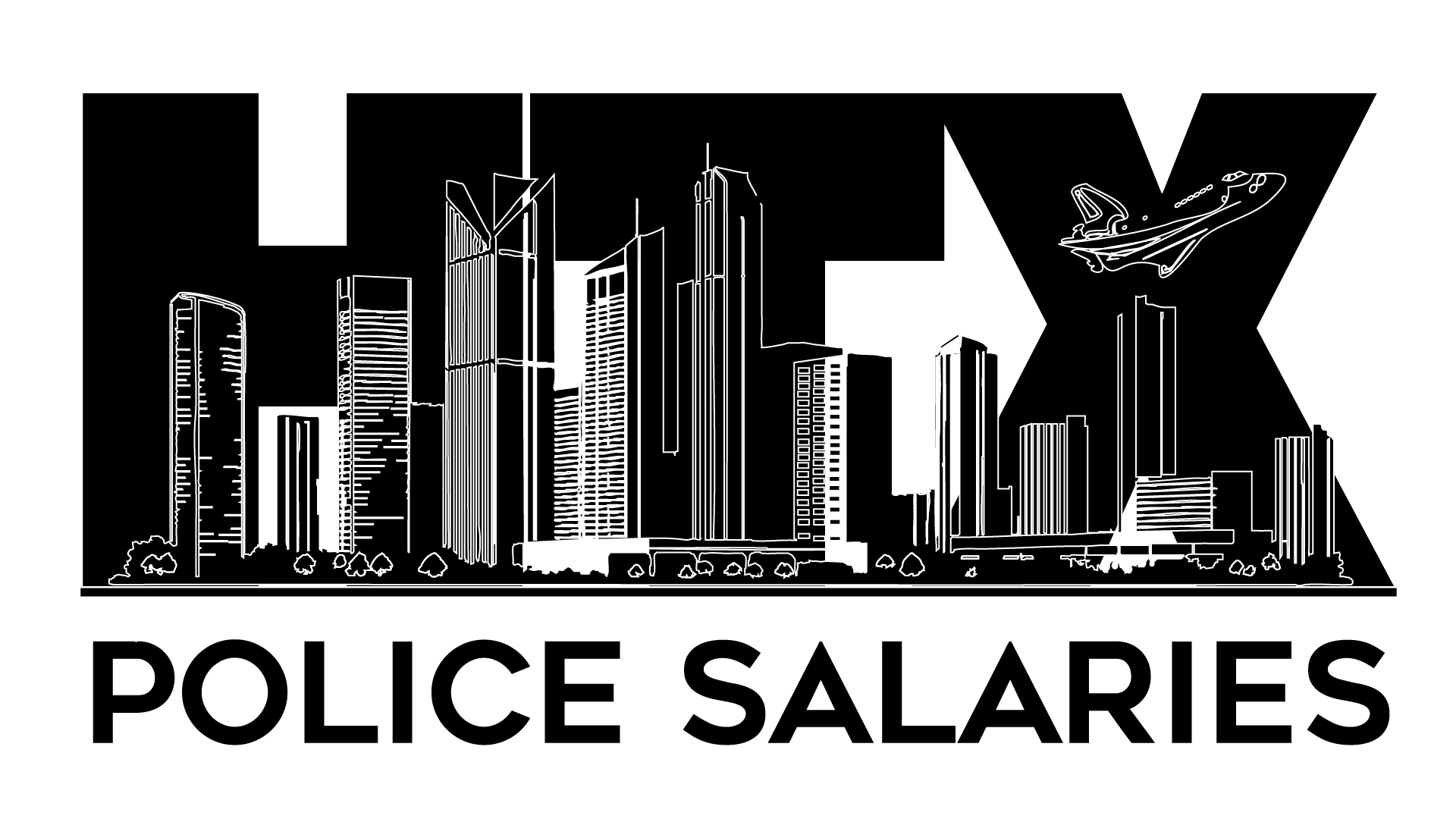 A black and white logo for htx police salaries with a city skyline in the background.