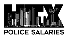 A black and white logo for htx police salaries with a city skyline in the background.