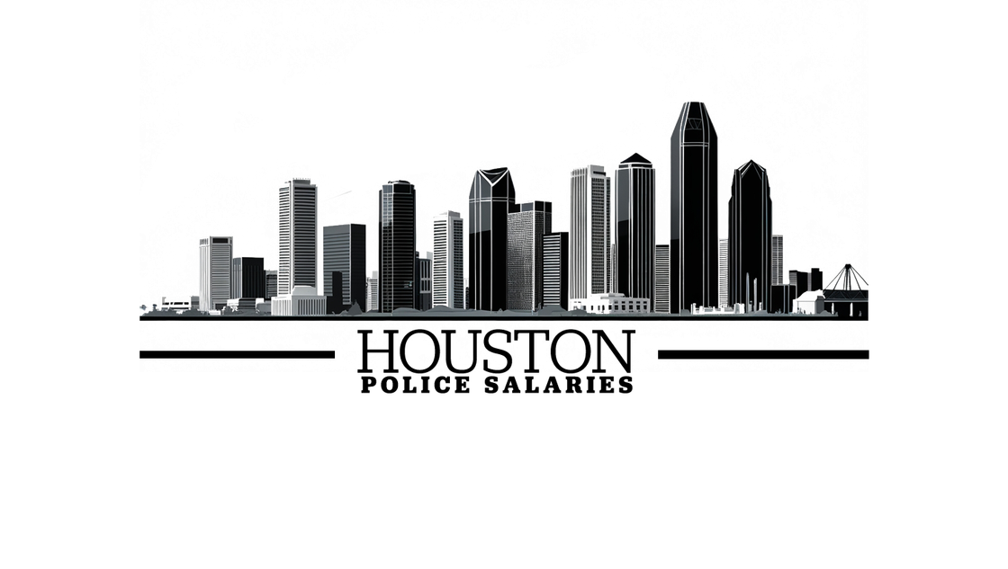 A black and white logo for houston police salaries with a city skyline.