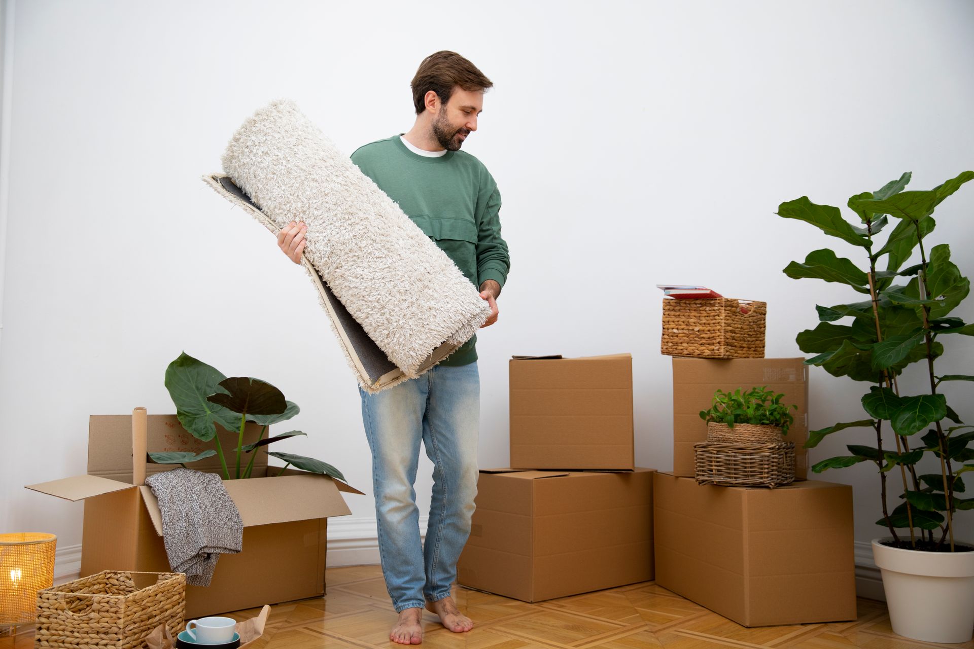 Man holding a rolled-up rug, surrounded by moving boxes, plants, and a candle in a new home.