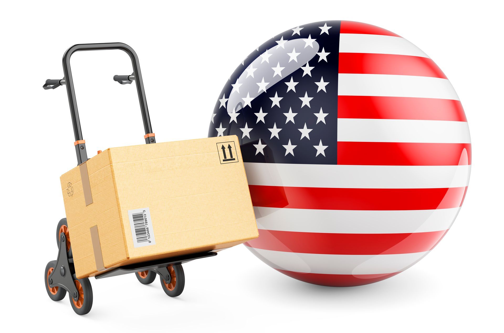 A cardboard box on a dolly next to an american flag.