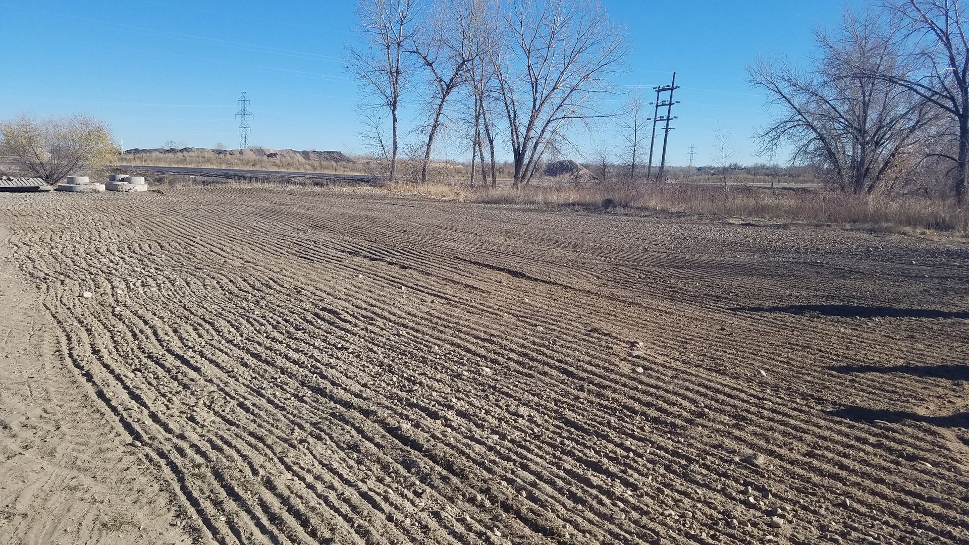 A dirt road going through a field with trees in the background.