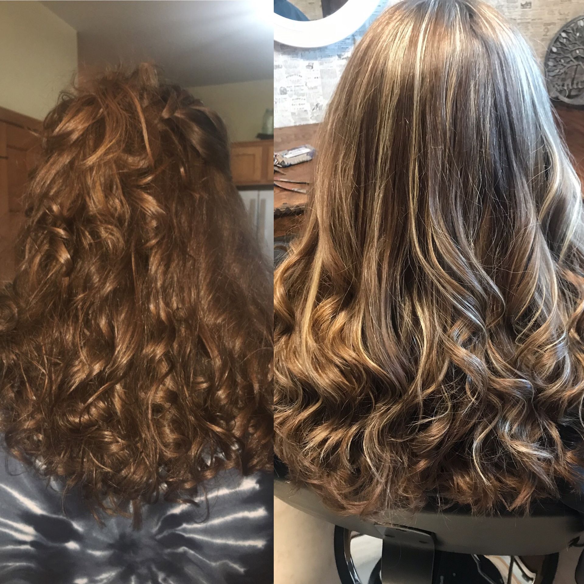 Before-and-after of dark curly hair. Left: tangled; Right: styled with highlights and waves, in a salon.