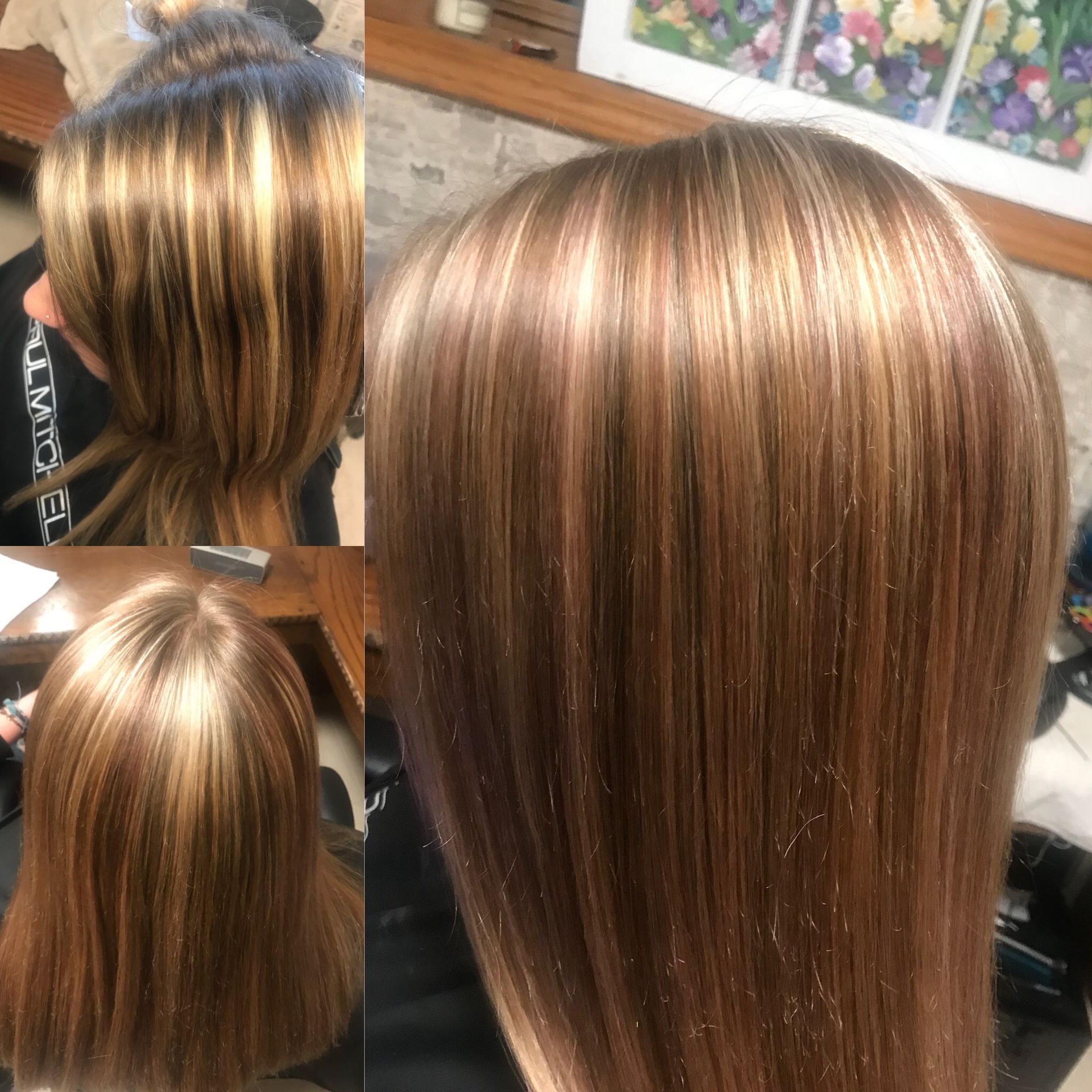 Blonde highlights in straight, brown hair, shown from multiple angles. Shiny appearance.