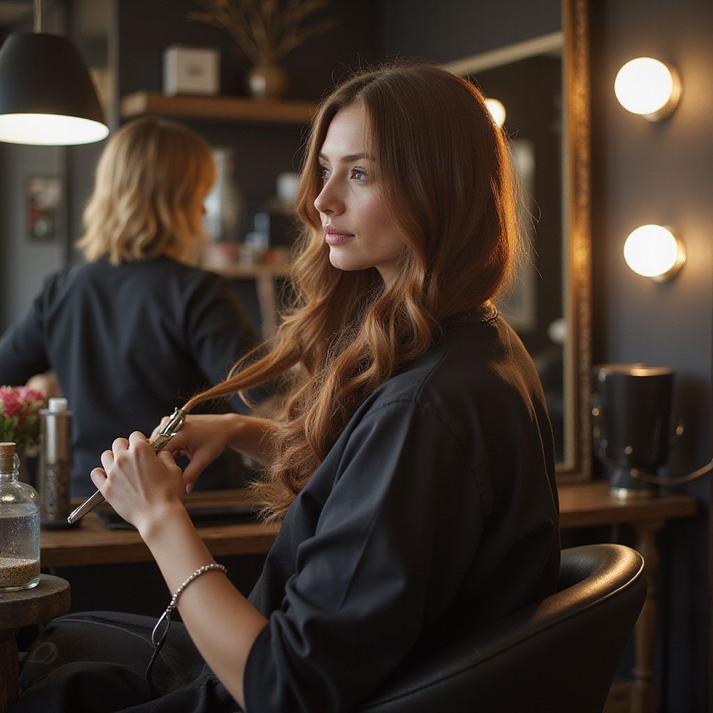 Woman with long hair at salon, holding hair strand, looking away.
