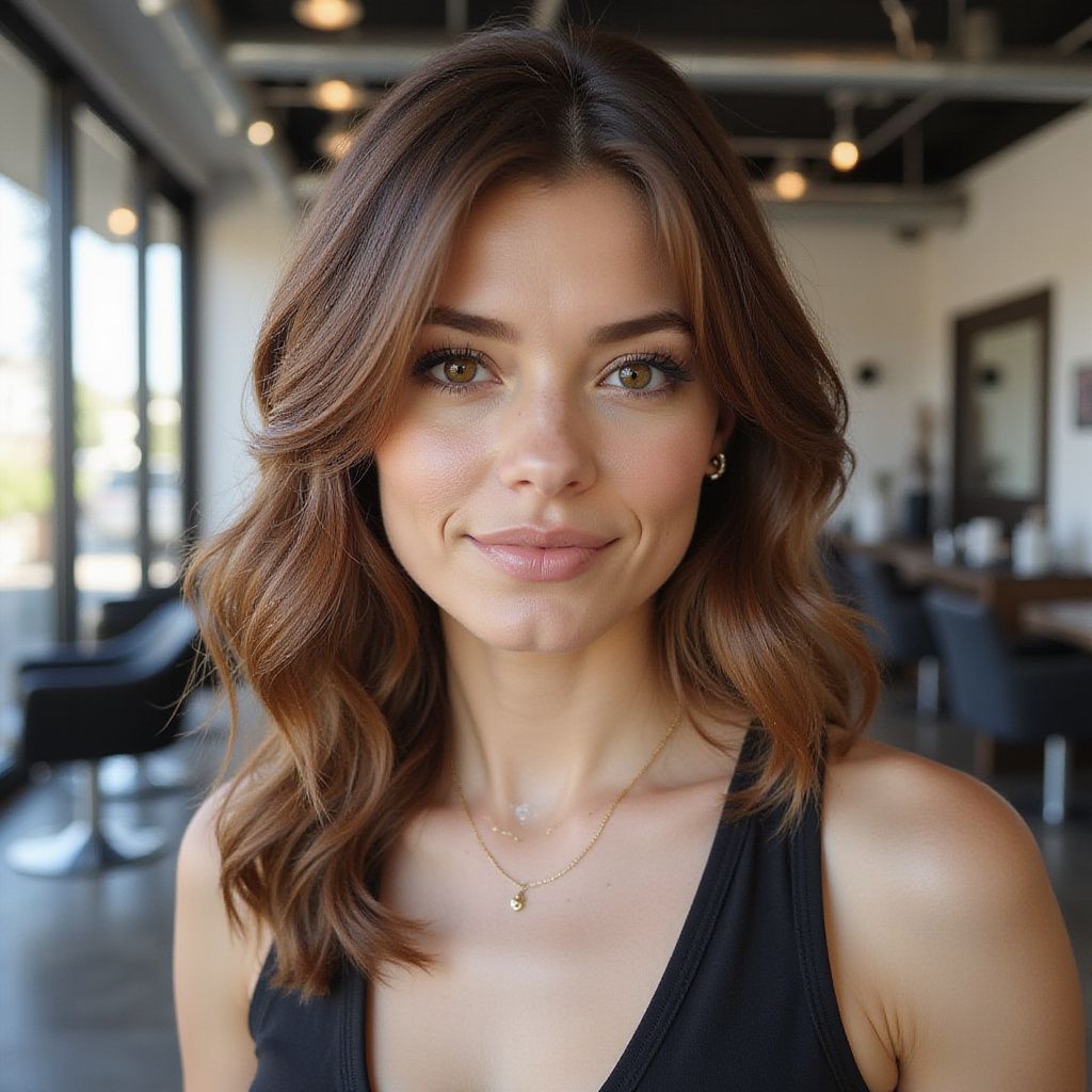 Woman with wavy brown hair smiles in a salon, wearing a black top and gold necklace.