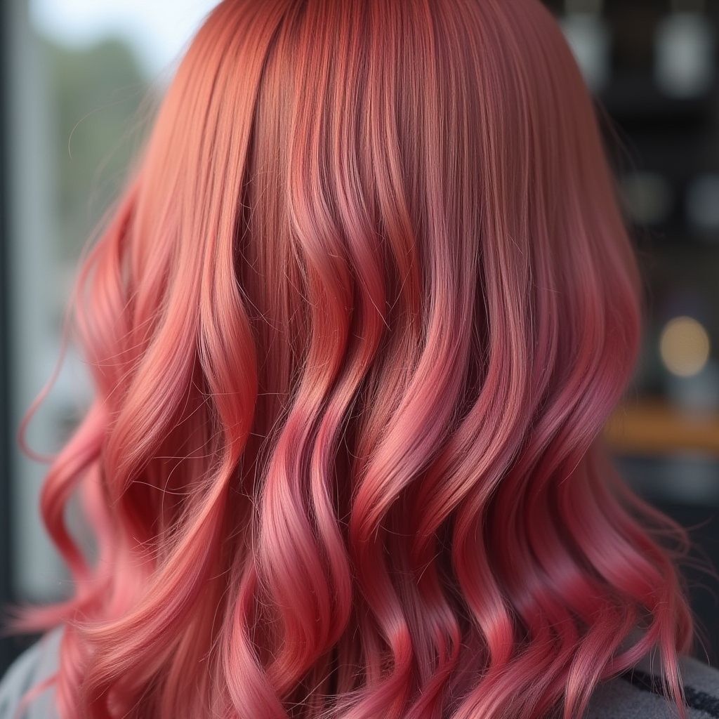 Pink and coral wavy hair, close-up, outdoors.