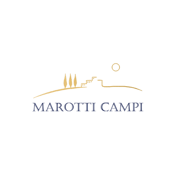 Ein Logo für Marotti Campi mit einer Burg und Bäumen auf einem Hügel.