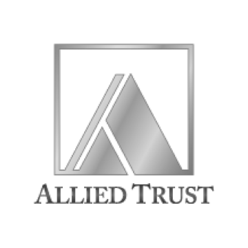 Logo for Allied Trust, silver square surrounding a silver stylized "A" shape, with text "ALLIED TRUST" below.