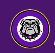 Bulldog head logo within a purple and gold circle on a purple background.