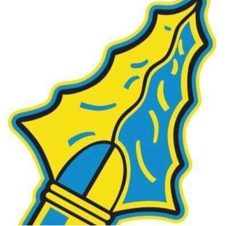 Yellow and blue spearhead logo.