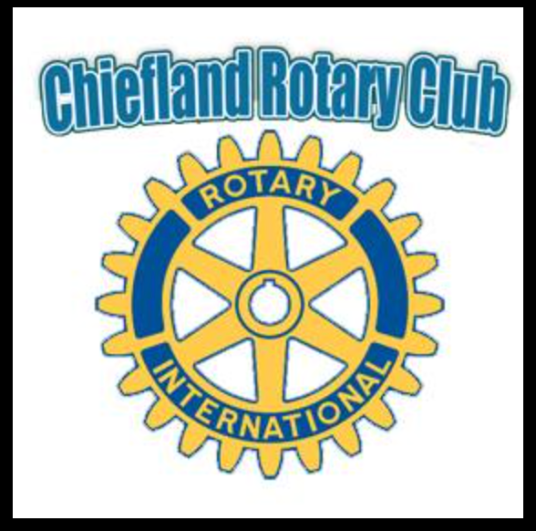 Chiefland Rotary Club logo: yellow cogwheel with blue accents and text,