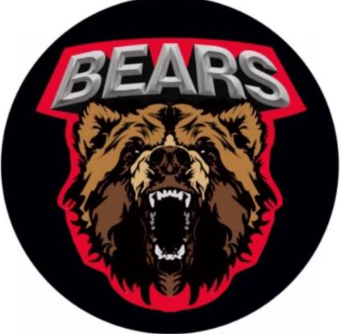 Black circle logo with a snarling brown bear face, 