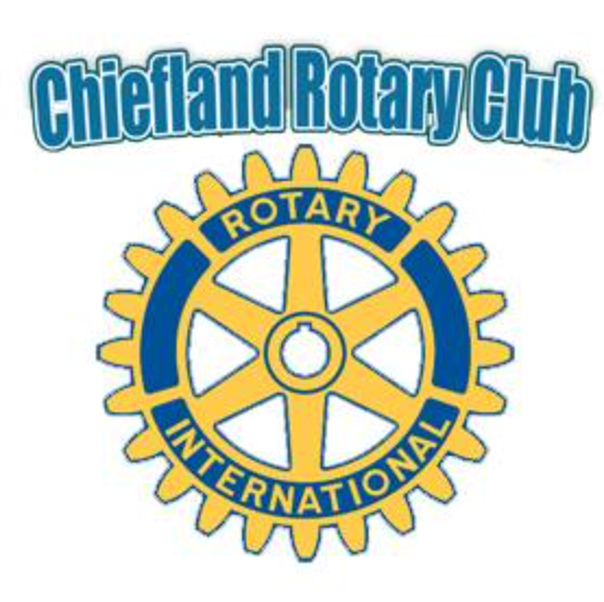 Chiefland Rotary Club logo: yellow cogwheel with blue accents, text 