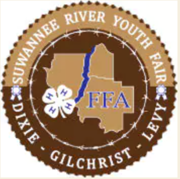 Suwannee River Youth Fair logo with Florida map, FFA, 4-H clover, and text.