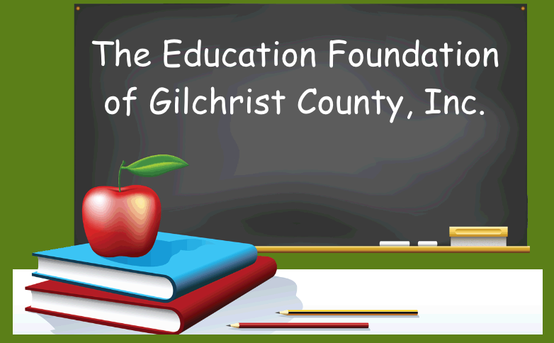 The Education Foundation of Gilchrist County, Inc. logo: chalkboard, books, apple.