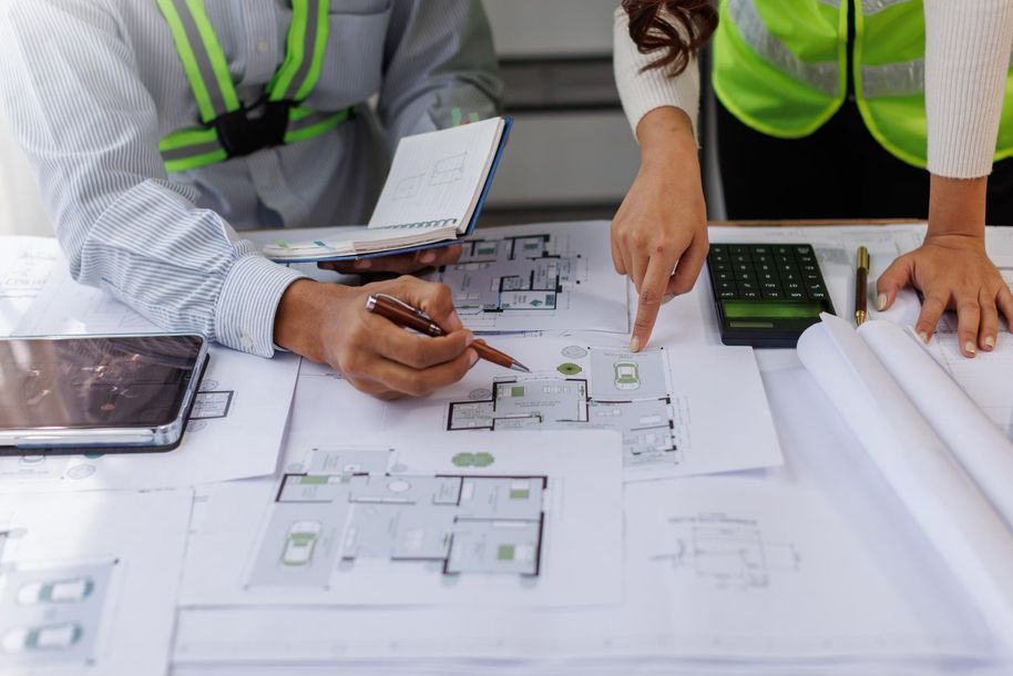 Two people wearing safety vests review architectural floor plans and a calculator on a desk.