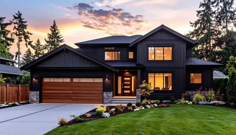 A modern two-story home with dark siding, a wooden garage door, and bright, warm lighting at sunset.