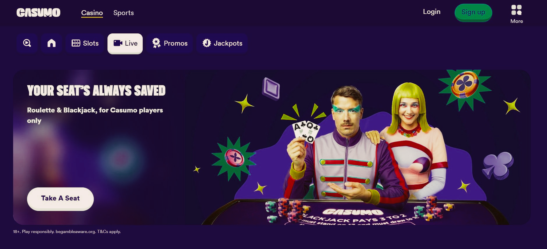 Purple gaming promo with two people on a sofa, cartoon hazards, and a large “Your seat’s bonuses start” headline
