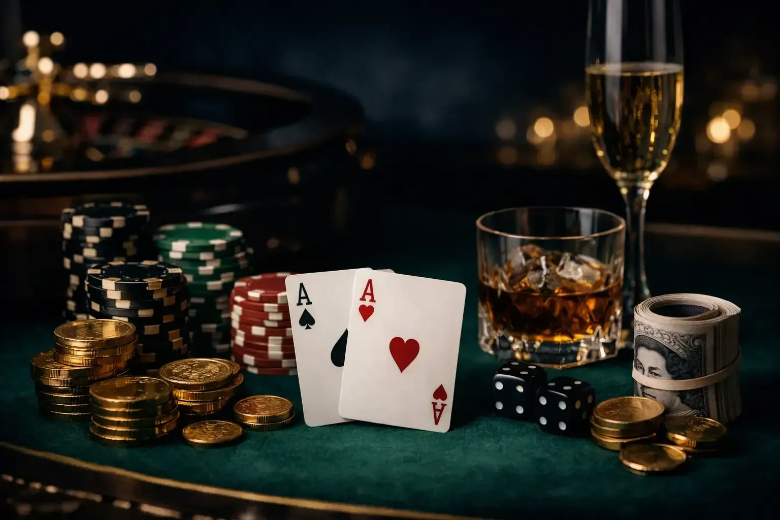 Poker table with chips, playing cards, whiskey glasses, and a cigar in a dimly lit casino setting