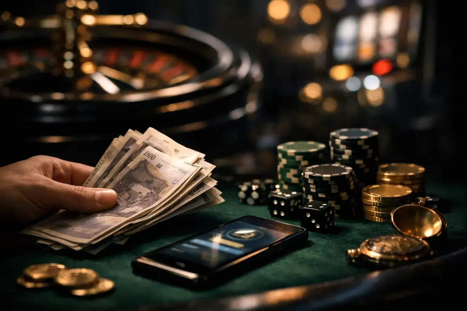Hand stacking poker chips beside cash on a casino table under warm lights