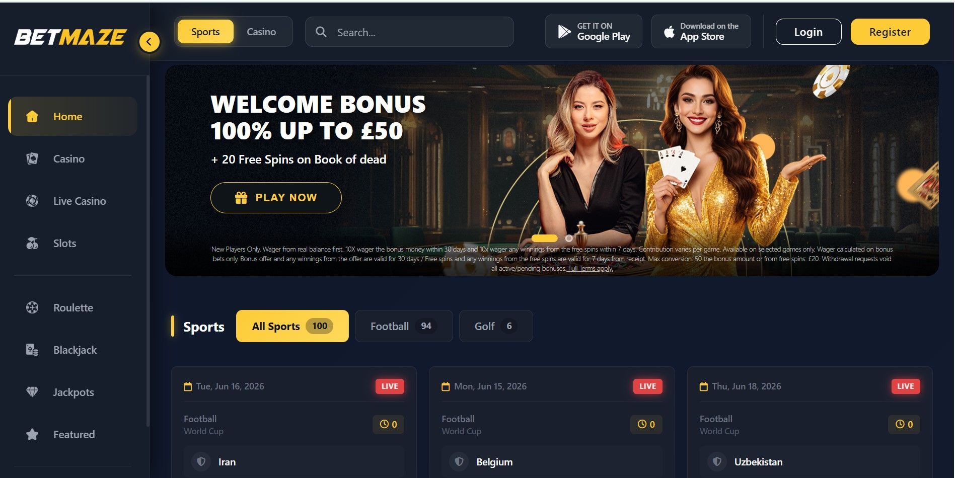 Dark-themed BETMAZE casino homepage with bonus banner, search bar, and game cards