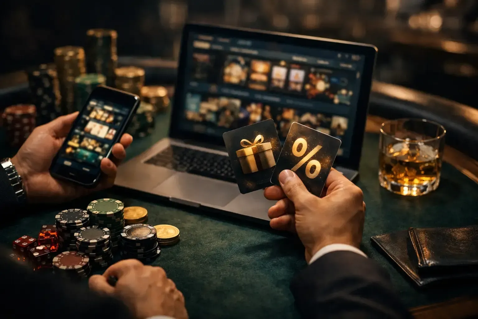Hands using a phone and laptop at a poker table with chips, cash, and a whiskey glass; online gambling scene